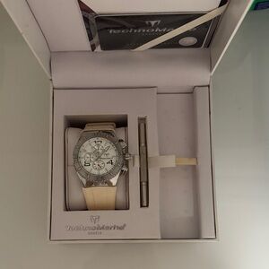 Technomarine Silver Watch with Cream Band and Pen